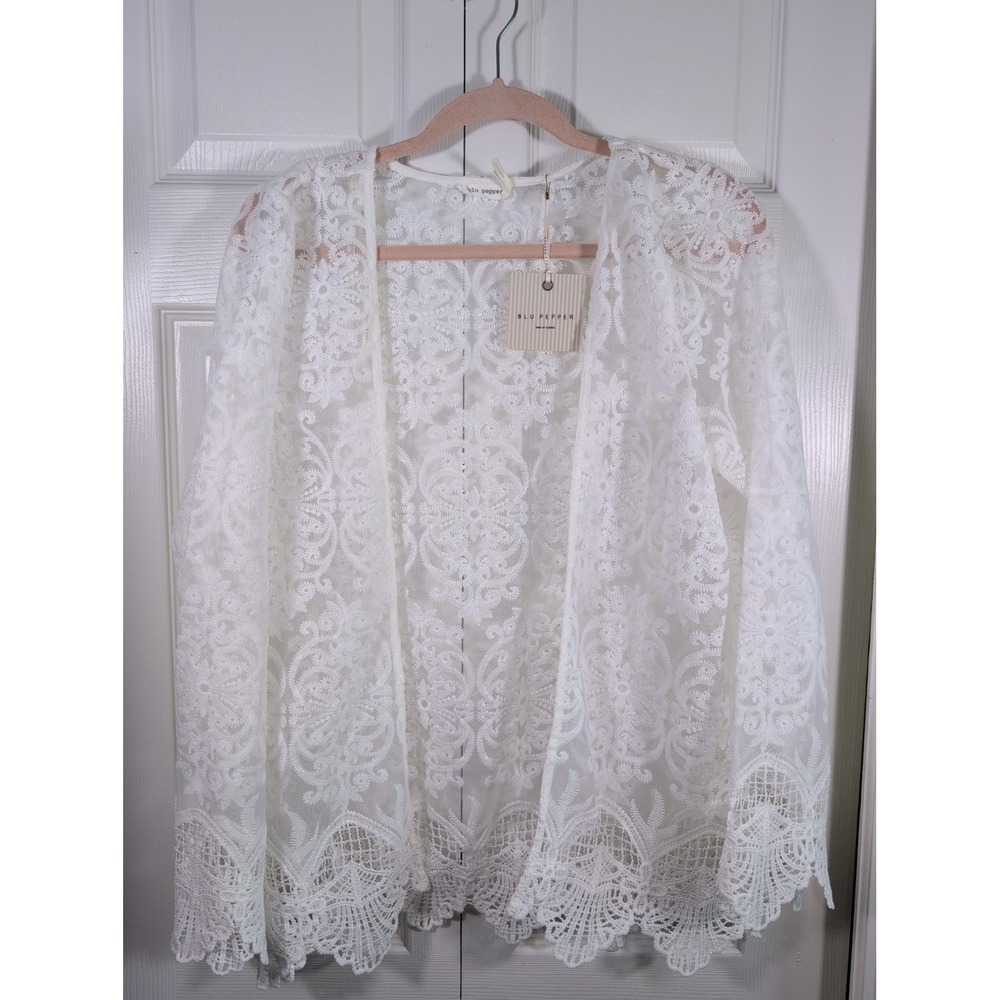 BLU-PEPPER White Lace Long Sleeve Open Front Duster New